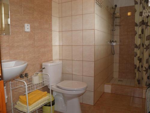 Un baño con inodoro, lavabo y ducha. en Apartment chatky Aquaduo, en Liptovská Sielnica