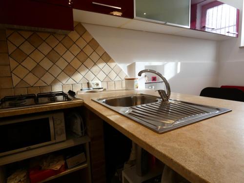 a kitchen counter with a sink and a microwave at Le dimore di Esiodo in Rome