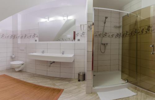 uma casa de banho com um lavatório e um chuveiro em Pensjonat Pod5 em Karpacz
