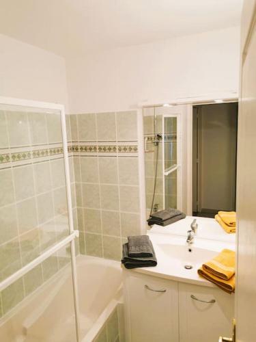 une salle de bain avec une baignoire, un lavabo et une douche dans l'établissement Casteljaloux Appartement 2 chambres balcon parking résidence calme, à Casteljaloux