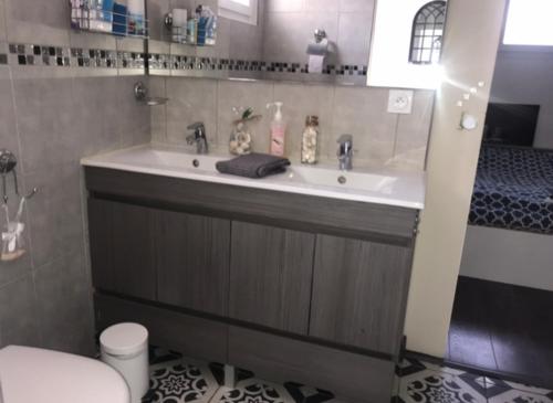 bagno con lavandino e servizi igienici di Cosy Maison LOURDES a Lourdes