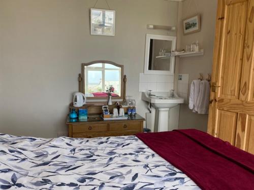 a bedroom with a bed and a sink and a mirror at Honeycombe House in Mevagissey