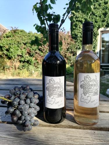 two bottles of wine next to a bunch of grapes at Gartenapartment Storchenblick in Weiden am See