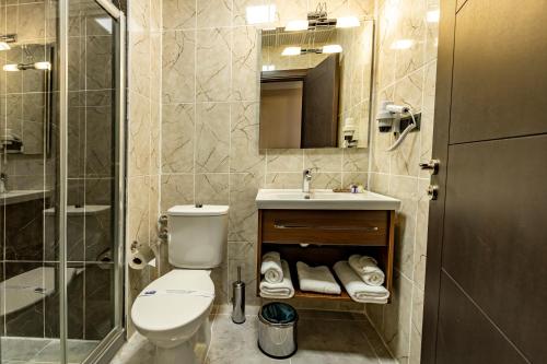 een badkamer met toilet, wastafel en douche bij Sapran Deluxe Hotel in Kars