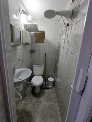 Baño pequeño con aseo y lavamanos en Kitnet de Inês, en Itanhaém