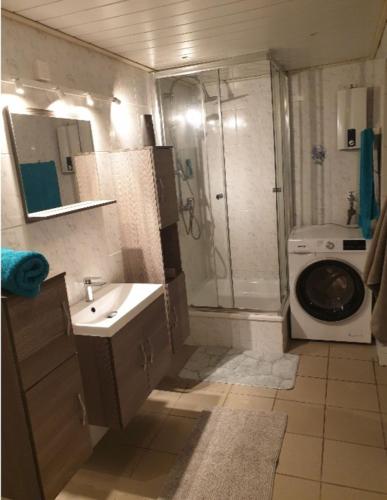 a bathroom with a sink and a washing machine at Wohnung am Wasserturm in Ilsede
