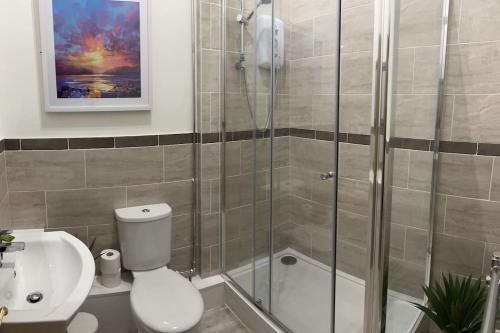 y baño con ducha, aseo y lavamanos. en The Dereham - Open Plan Apartment 1 min from the city centre, en Leicester