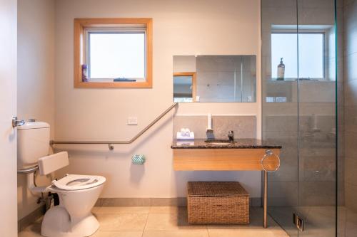 コールズ・ベイにあるFreycinet Stone Studio 3 - Feldsparのトイレとガラスのシャワー付きのバスルーム