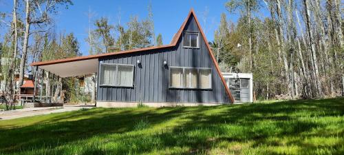 a black house with a red roof on top of a yard at Entre Cardos y Nieves in Potrerillos
