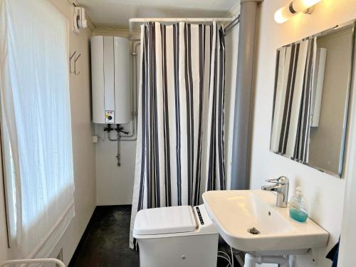 a bathroom with a sink and a shower curtain at Holiday home VÄDDÖ VI in Väddö