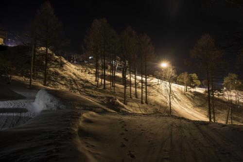 a snow covered road at night with a street light at Chalet Madarao in Iiyama