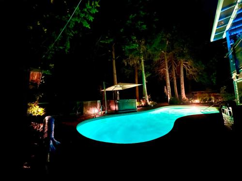 an empty swimming pool at night with lights at Resort style home living in Delta