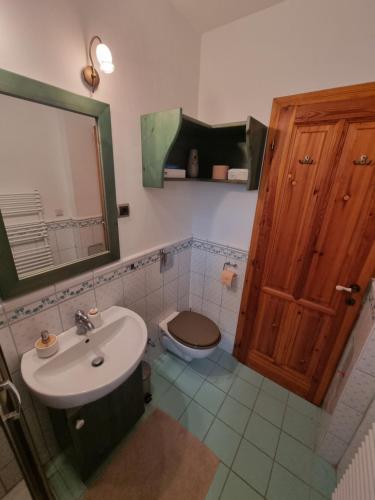 bagno con lavandino, servizi igienici e specchio di Tulipános Palkonya a Palkonya