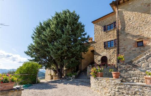 a stone building with a tree in front of it at Mandorli in Monte Santa Maria Tiberina
