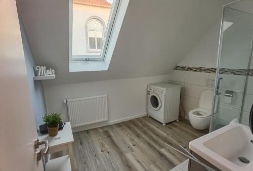 a bathroom with a toilet and a sink and a washing machine at Nordseeblick 2 in Carolinensiel