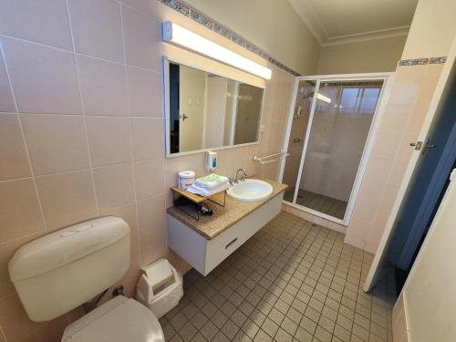 a bathroom with a toilet and a sink and a shower at Hume Inn Motel Albury CBD in Albury