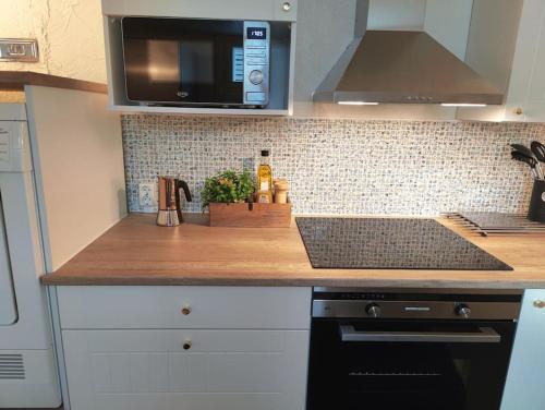 a kitchen counter with a sink and a microwave at Yksityinen kellarikerros omalla sisäänkäynnillä, Pietarsaari in Pietarsaari