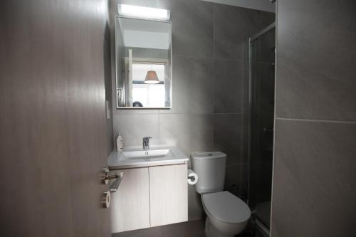 a bathroom with a toilet and a sink and a mirror at Carme at the Beach - Mythical Sands in Paralimni