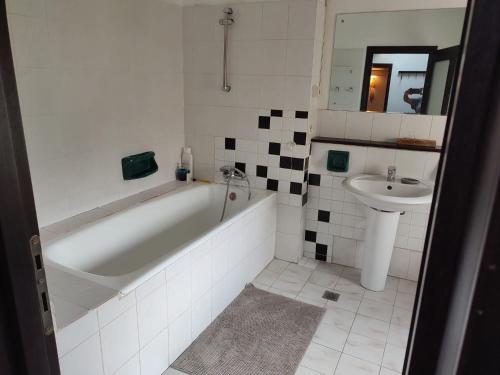 ein Badezimmer mit einer Badewanne und einem Waschbecken in der Unterkunft Dorobanți Loft in Bukarest