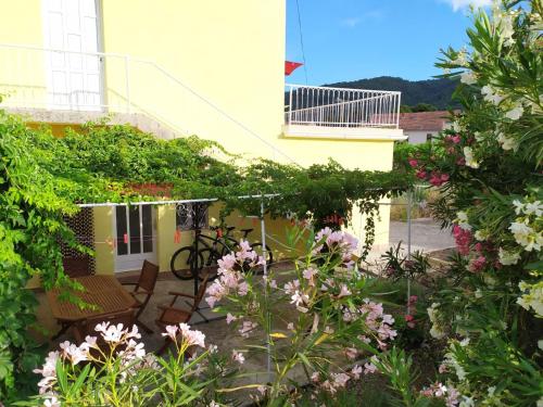 a garden with flowers in front of a building at Holiday House Oleas Stari Grad Hvar in Stari Grad