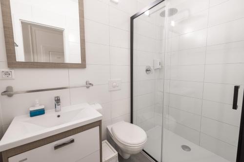 La salle de bains est pourvue de toilettes, d'un lavabo et d'une douche. dans l'établissement 4flats, à Maribor