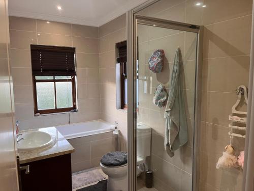 a bathroom with a shower and a toilet and a sink at Jambase Seaside House in Big Bay