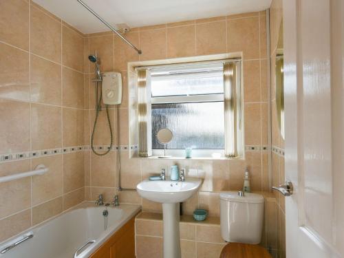 a bathroom with a sink and a tub and a toilet at Maldwyn in Llanegryn