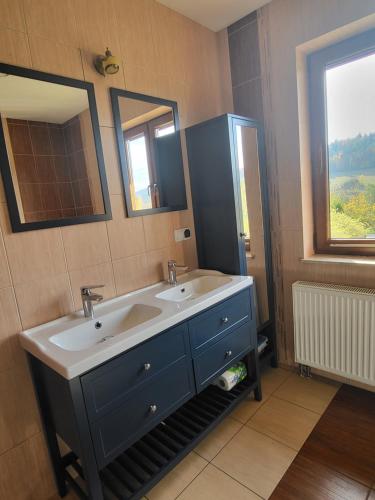 a bathroom with a blue sink and a mirror at Willa Wirchnia in Małastów