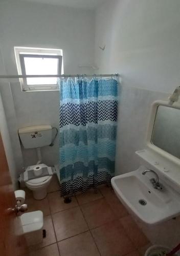 a bathroom with a toilet and a shower curtain at Glaros Studios in Loutra Edipsou