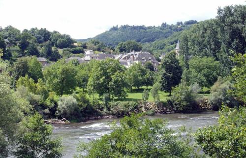 a view of a river with trees and houses at Logis Hôtels - Hostellerie des Lauriers - Hôtel et Restaurant in Alban