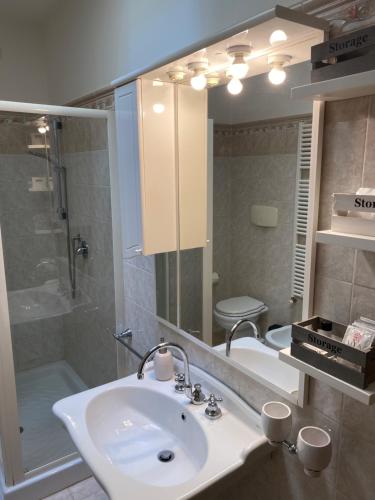 een badkamer met een wastafel, een douche en een toilet bij La Casa di Mimì in Foligno