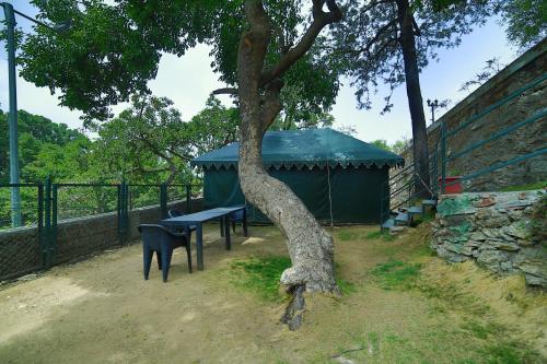 a bench next to a tree next to a fence at The Colonial Manek Manor By SAH in Mount Ābu