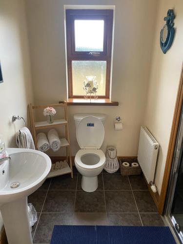 a bathroom with a toilet and a sink and a window at Coby's Corner, Darney Rd Bruckless in Bruckless