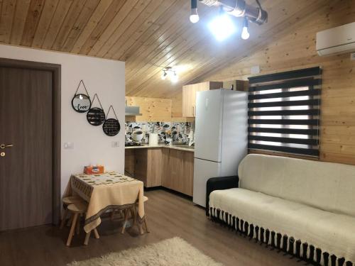 eine Küche mit einem Tisch und einem Sofa in einem Zimmer in der Unterkunft La cabana in Ocnele Mari
