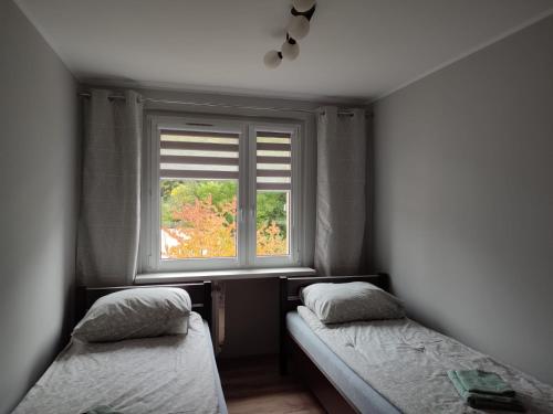 2 camas en una habitación con ventana en Mała Ostoja, en Szklarska Poręba