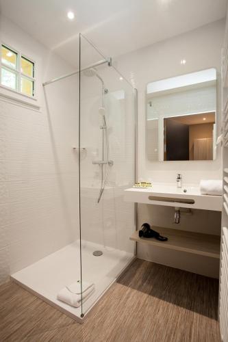 une salle de bain avec douche et lavabo dans l'établissement Hôtel La Hoirie, à Sarlat-la-Canéda