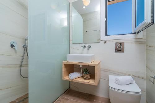 La salle de bains est pourvue de toilettes, d'un lavabo et d'un miroir. dans l'établissement Spartakos Luxury Villa 3, à Planos