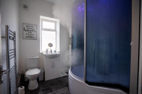 uma casa de banho com um chuveiro, um WC e um lavatório. em Cavendish Cat and Gaming House em Blackpool