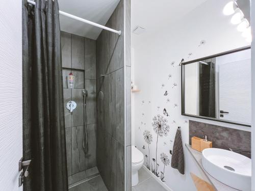 La salle de bains est pourvue d'une douche, de toilettes et d'un lavabo. dans l'établissement -SKY- Appartement meublé cosy & confort-Parking privé & jardin, à Laveyron