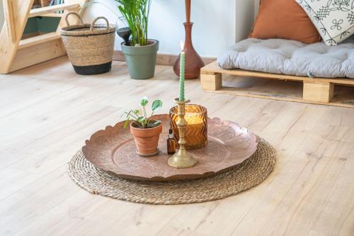 une table avec des plantes en pot au-dessus du parquet dans l'établissement La maison bohème, au Havre