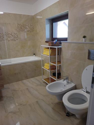a bathroom with a toilet and a sink and a tub at MONADIN Villa Relax & Spa in Săcele