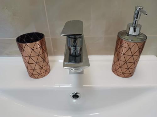 a sink with a faucet and two cups on it at MONADIN Villa Relax & Spa in Săcele
