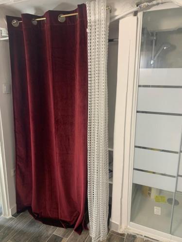 czerwoną zasłonę prysznicową w szafie obok szklanych drzwi w obiekcie Studio individuel près de Paris w mieście Mantes-la-Jolie