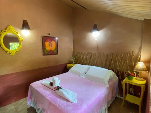 a bedroom with a pink bed and a mirror at Pousada Le Monte Cristo in Guaramiranga