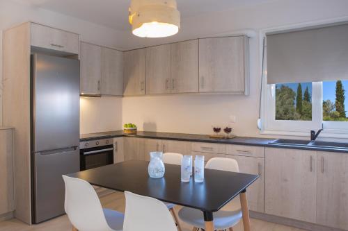 a kitchen with a black table and white chairs at Sea n' Smile in Apolpaina