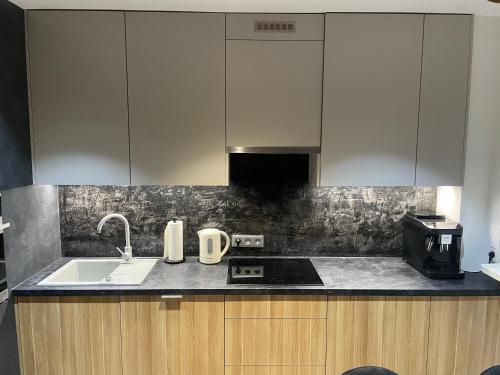 a kitchen with a sink and a counter top at Brzostek Apartamenty 1 in Warsaw