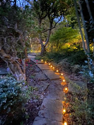 a stone path with lights on it at night at Ailim House Serviced Cottage Escape, around the corner from the Old Course in St. Andrews