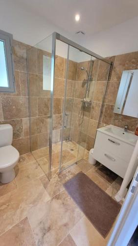 une salle de bain avec une douche, des toilettes et un lavabo dans l'établissement Le Petit Paradis, à Nazelles-Négron