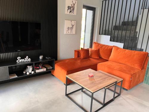 salon z pomarańczową kanapą i stołem w obiekcie Wood Lake Rożnów w mieście Rożnów