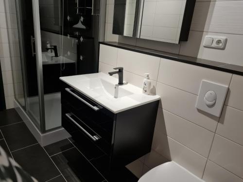 een badkamer met een wastafel, een toilet en een spiegel bij Gasthaus Paula in Üdersdorf